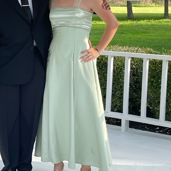 Sage green satin dress w/ beaded trim & spaghetti straps featuring zipper & bow - Picture 9 of 9